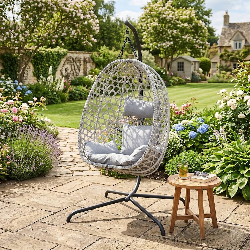 image 1 of URBNLIVING Rattan Hanging Egg Chair With Stand Indoor Outdoor