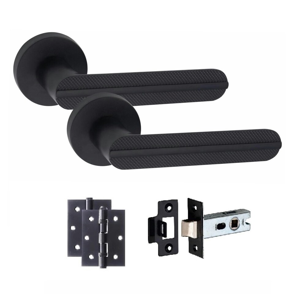 image 1 of Golden Grace 5 Pairs Modern Lima Design Premium Door Handles on Round Rose in Matt Black Finish 3" Ball Bearing Hinges and 2.5" Tubular Latch | Black | 5 Pairs