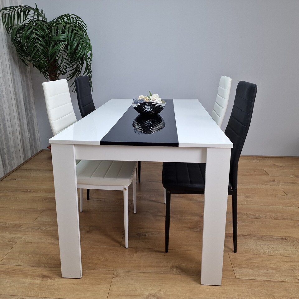 image 1 of White Black Dining Table with 4 Faux Leather Chairs Dining Set for Kitchen Room