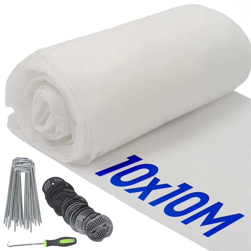 image 1 of Harbour Housewares Plant Fleece Frost Protection Set with Pegs & Plates - 10M x 10M (5 Rolls) | White | White