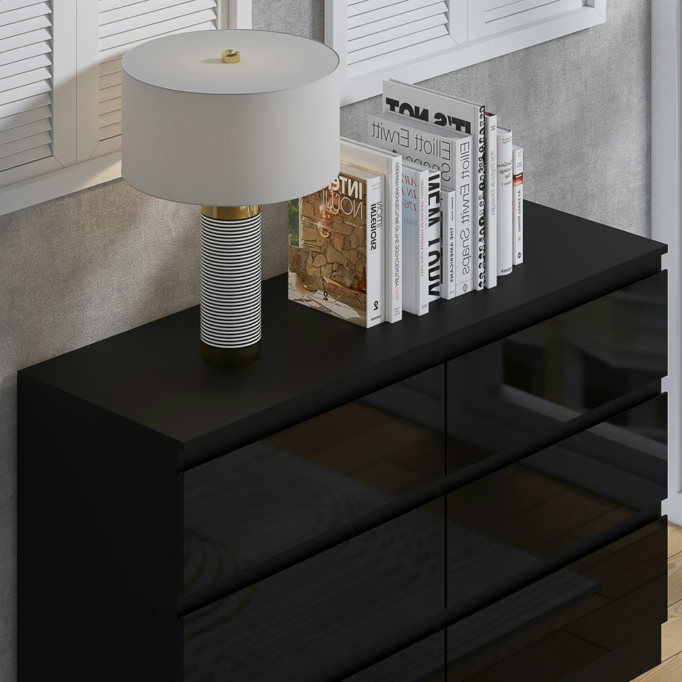 image 1 of FWStyle Stora 6 Drawer Wide 3+3 Chest Of Drawers - Black Gloss Front