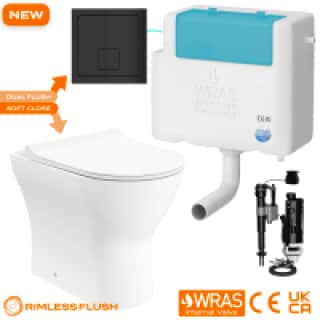 Rimless Back to Wall D-Shape Toilet, Soft Close Seat & Concealed Dual Flush Cistern with Black Square Flush Plate