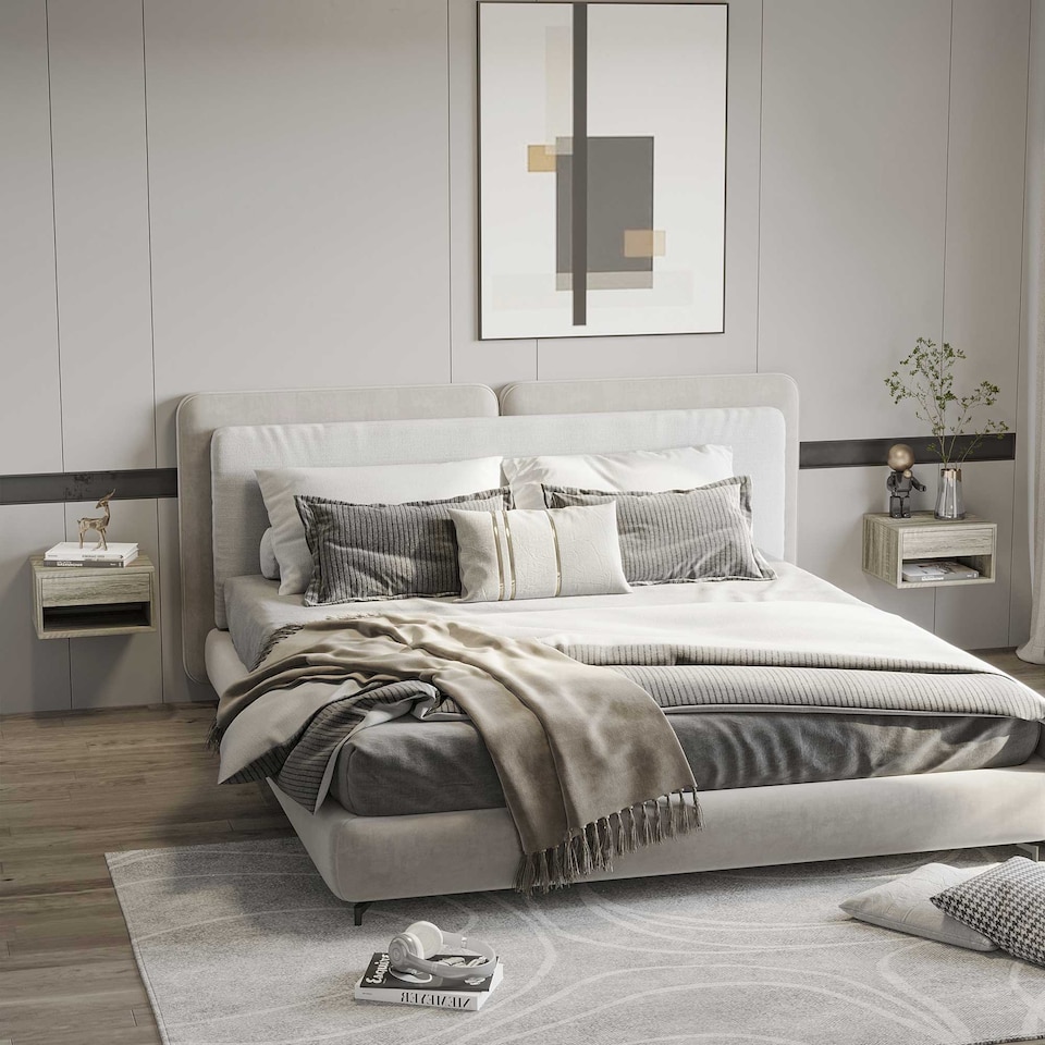 image 1 of HOMCOM Floating Bedside Table Set of 2 Wall Mounted Nightstand with Storage Drawer and Open Shelf for Bedroom, Weathered Brown Wood-Effect | Brown