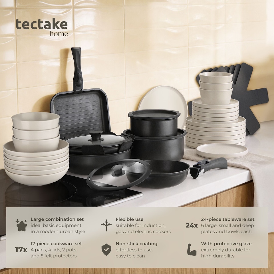 image 1 of Kitchen starter set for 6 people with crockery, pots and more | Black | black/taupe | 1