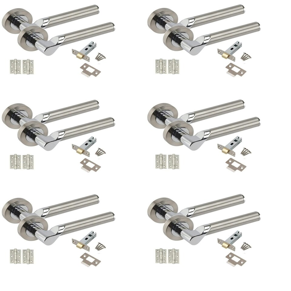 image 1 of Golden Grace 6 Sets Titan Design Modern Bathroom Door Handles Lever Latch on Round Rose in Satin Nickel and Polished Chrome with Pair of Ball Bearing Hinges Grey