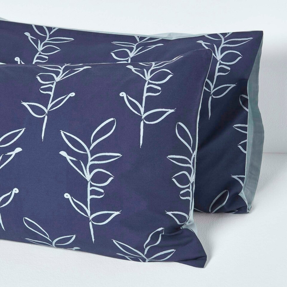 image 1 of Homescapes Blue Leaf Digitally Printed Cotton Duvet Cover Set - Super King Blue | Super King