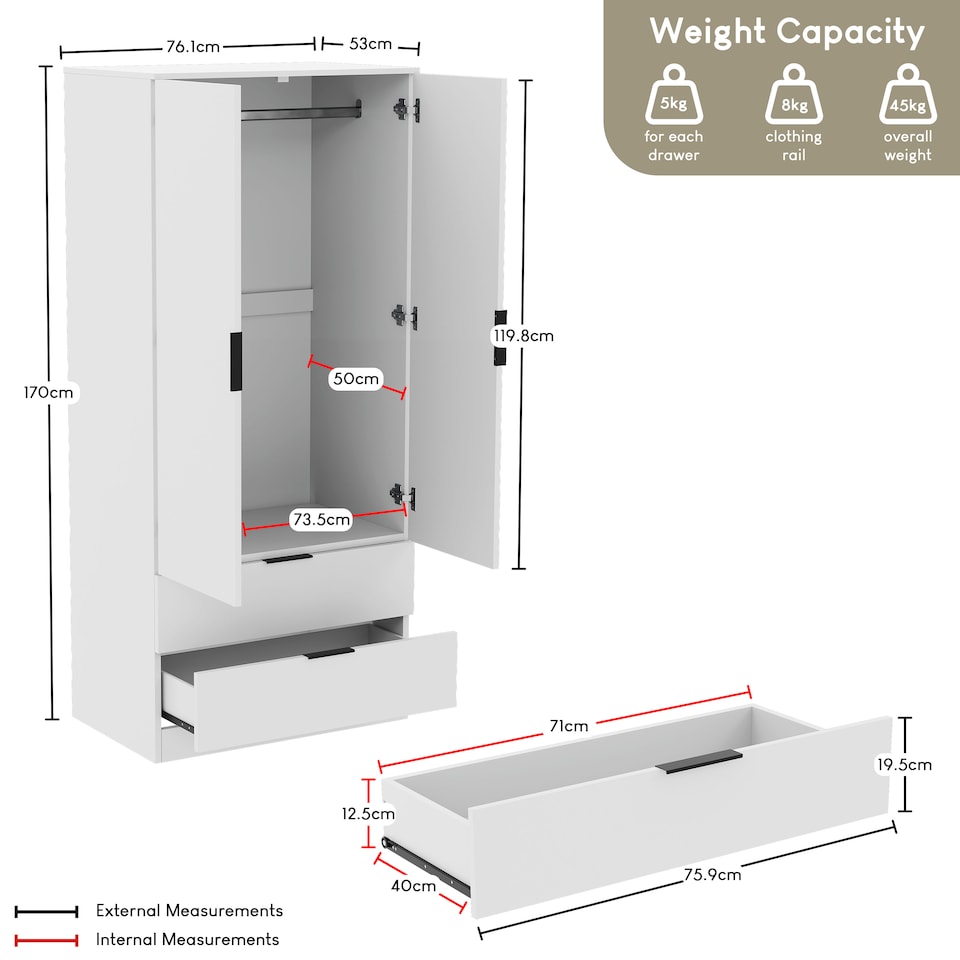 image 1 of Vida Designs Trega 2 Door 2 Drawer Wardrobe Bedroom Storage Unit with Hanging Clothes Rail - White