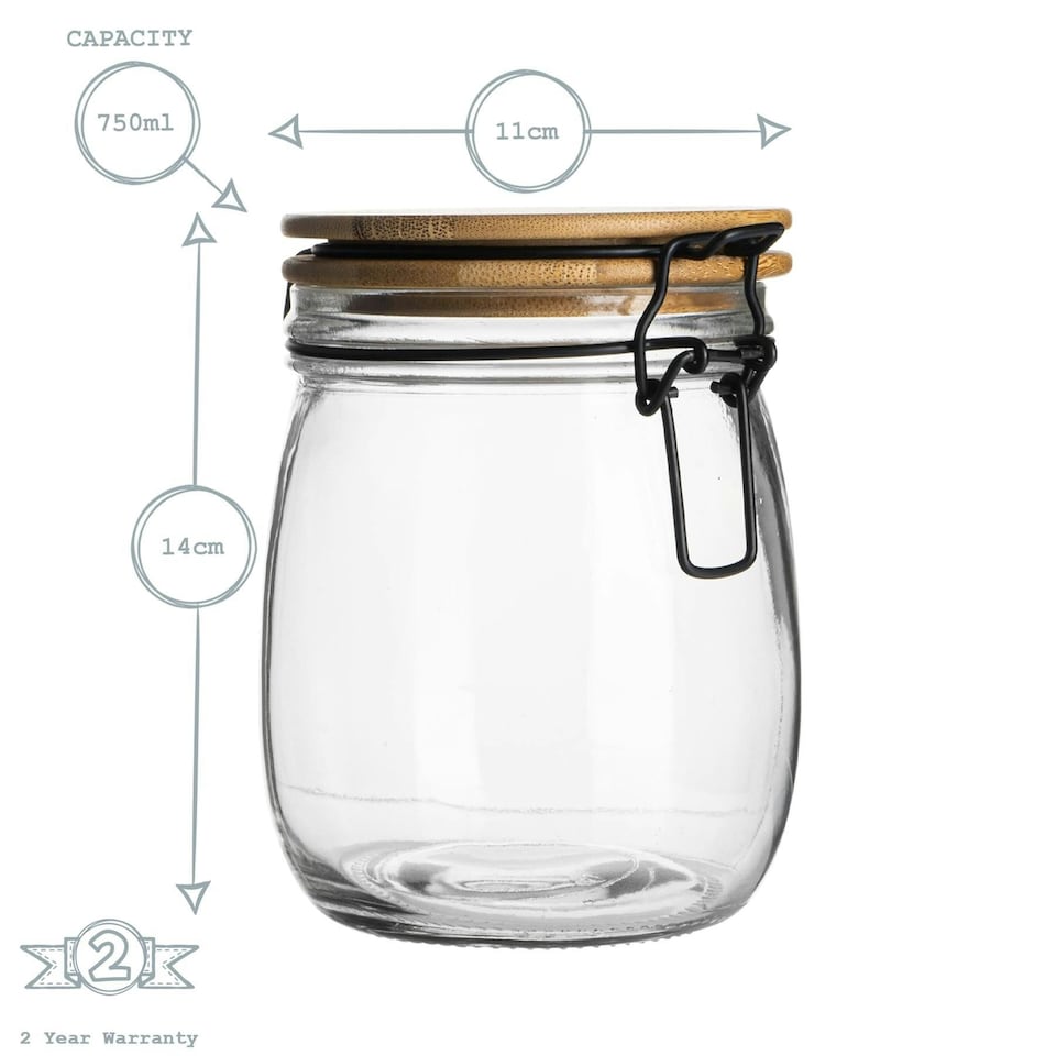 image 1 of Argon Tableware Wooden Clip Lid Storage Jars - 750ml - Clear Seal - Pack of 3