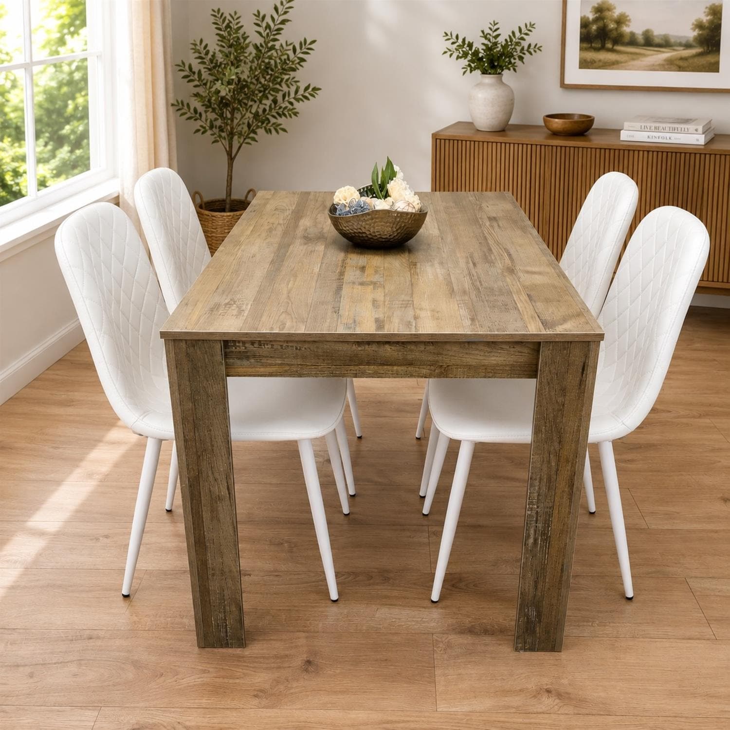 Wooden Rustic Effect Dining Table Set with 4 White Gem Dining Room Furniture