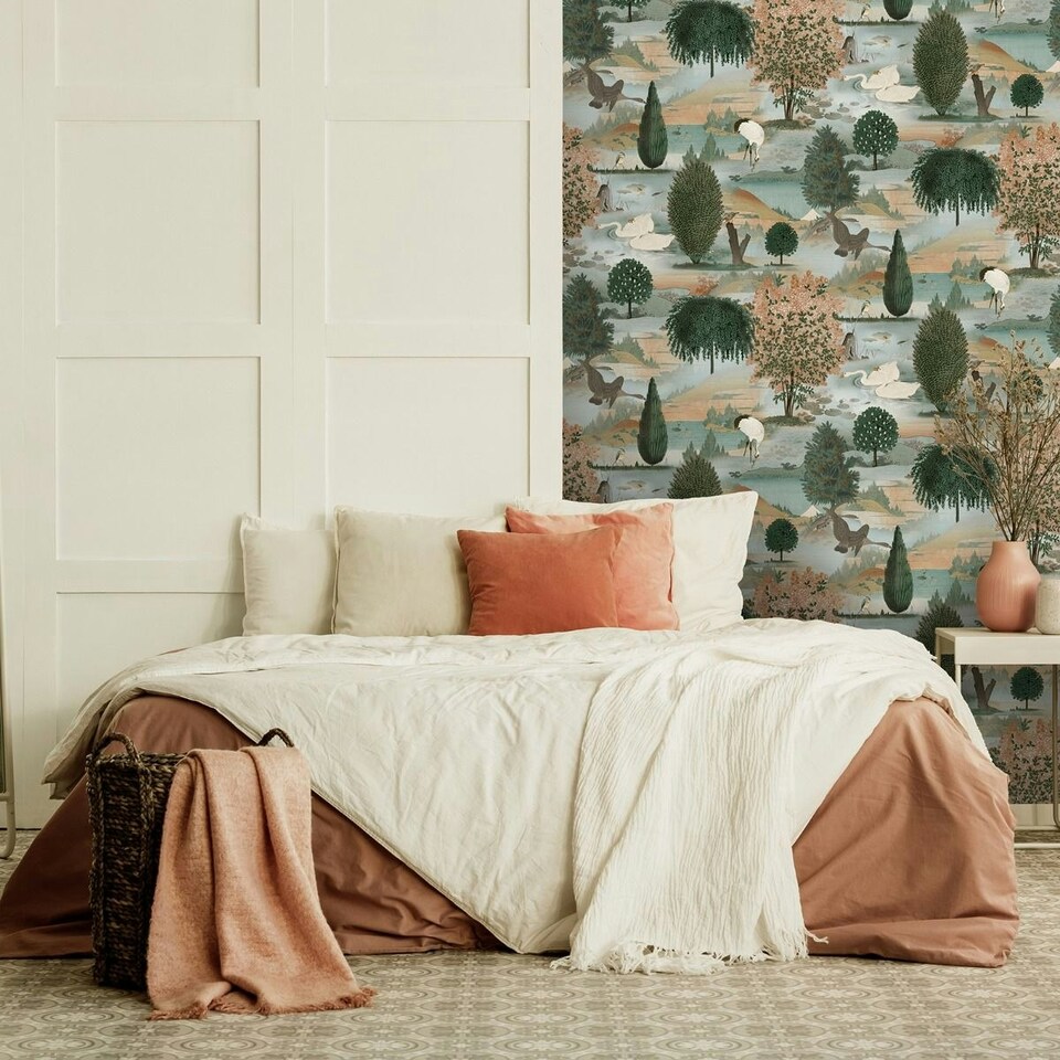 image 1 of Holden Décor Swan Lake Wallpaper - Orange/Green - 10m x 53cm Orange