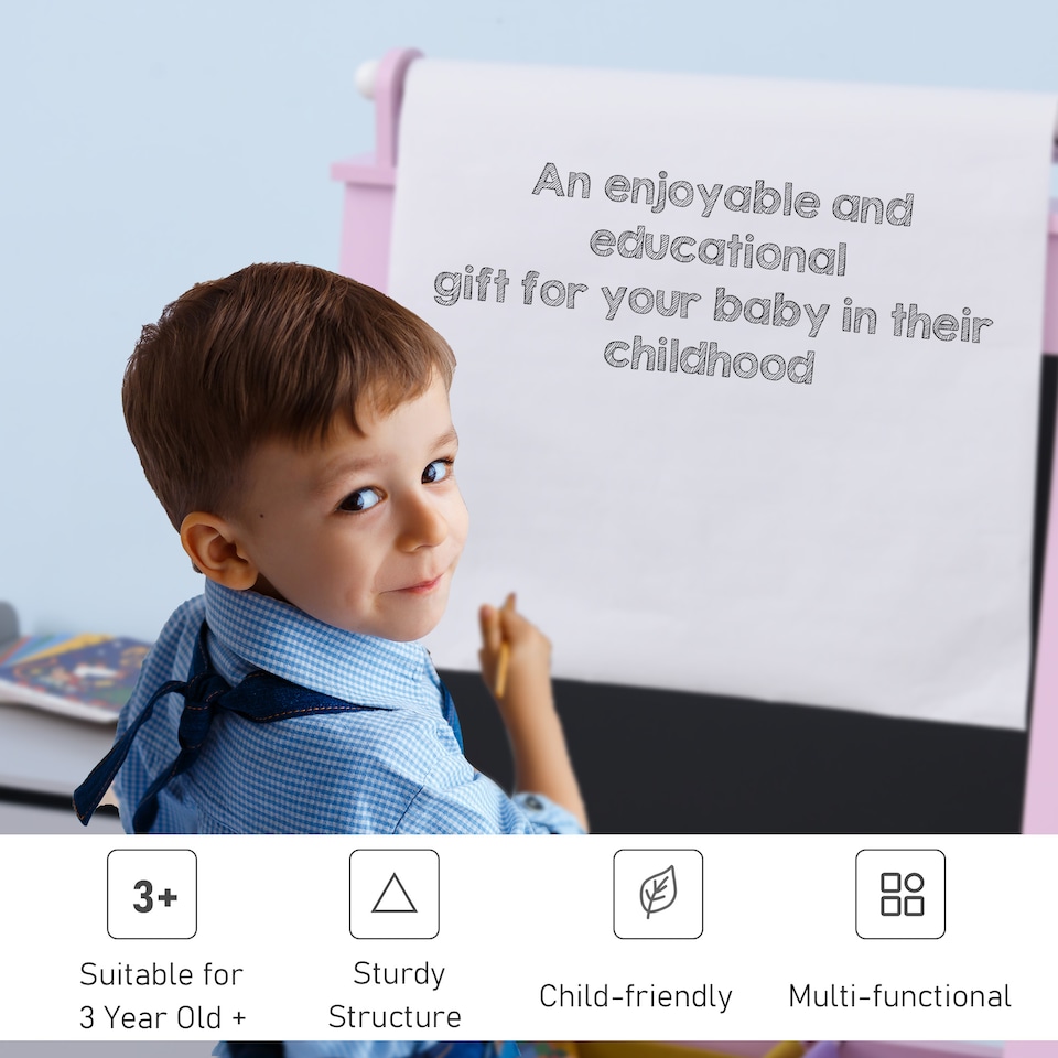 image 1 of HOMCOM Kids Wooden Art Easel with Paper Roll Double-Sided Chalkboard, Whiteboard | Pink | Pink