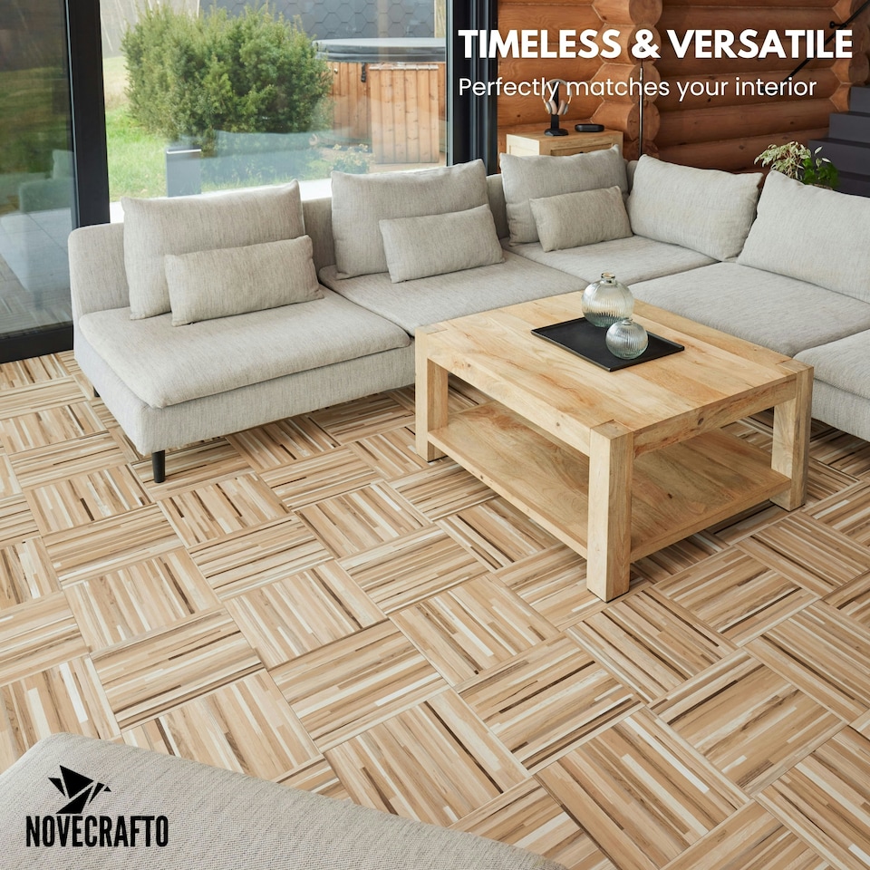 image 1 of NOVECRAFTO Vinyl Floor Tiles Self Adhesive – 12x12in Peel and Stick Flooring for Kitchen, Bathroom & Living Room – Beige Brown Wooden Stripes Design Brown | 2.79 sqm