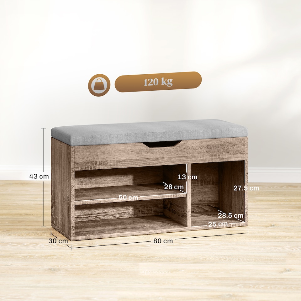 image 1 of HOMCOM Shoes Cabinet Bench Hidden Storage Padded Seat Organiser Footwear Rack Hallway Grey Wood Grain