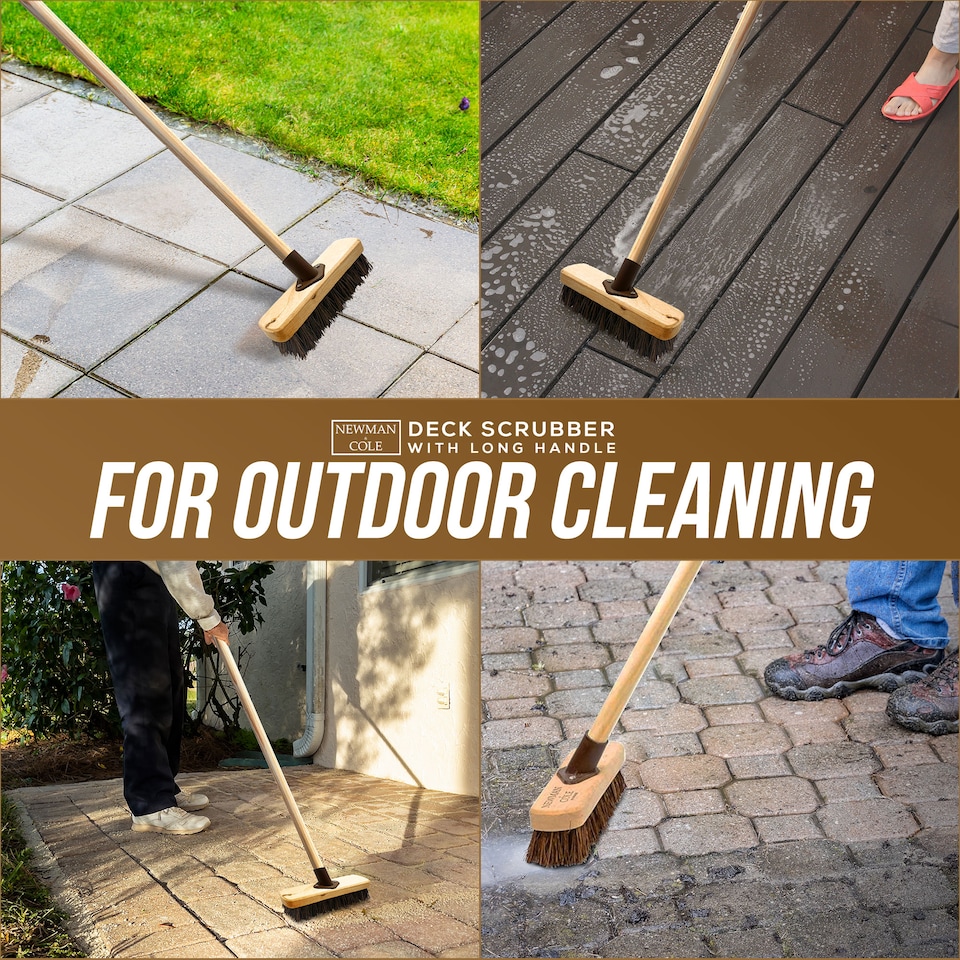 image 1 of Stiff Floor 9" Deck Scrub Brush Scrubbing Patio Scrubber Brush Broom with Handle