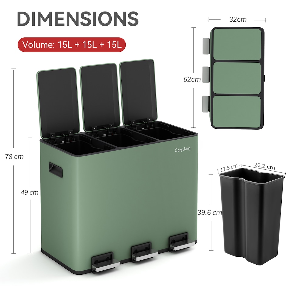 image 1 of CozyLiving 45L Triple Pedal Bin for Recycling and General Waste Rubbish Kitchen Bin 3x 15L