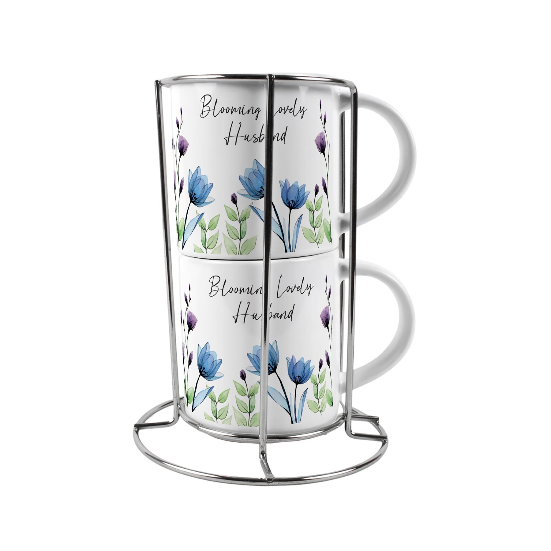 Husband & Husband Stacking Mugs Set - Blooming Lovely Floral Gifts for LGBTQIA+ Couples Ceramic Cups Set of 2 with Metal Stand White