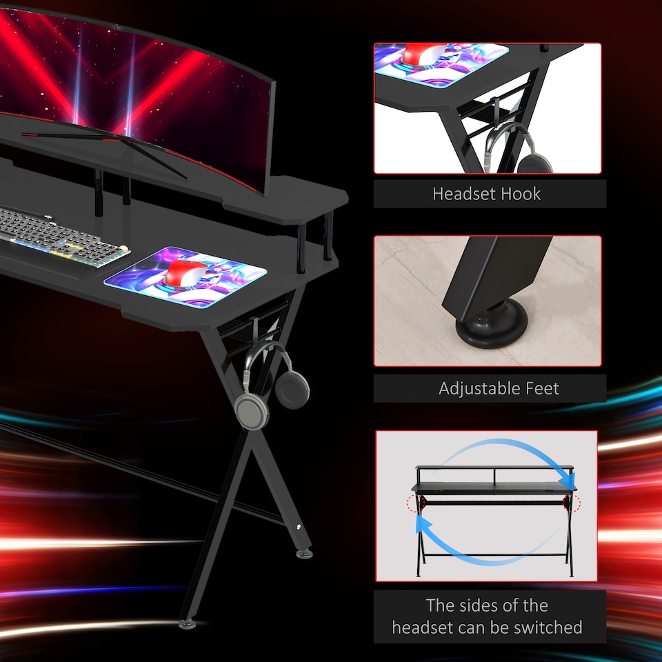 image 1 of HOMCOM Gaming Desk Writing Racing Computer Table Workstation with Headphone Hook Curved Front Adjustable Feet for Home Office Use 140 x 60cm