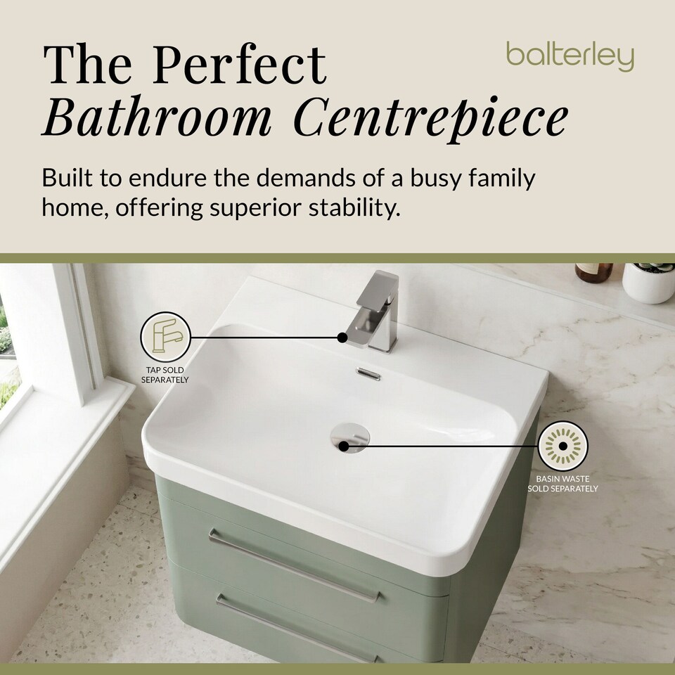 image 1 of Balterley Wall Hung 2 Drawer Vanity Unit with Thin Edge Ceramic Basin | Green | Fern Green | 562 x 607 x 460mm