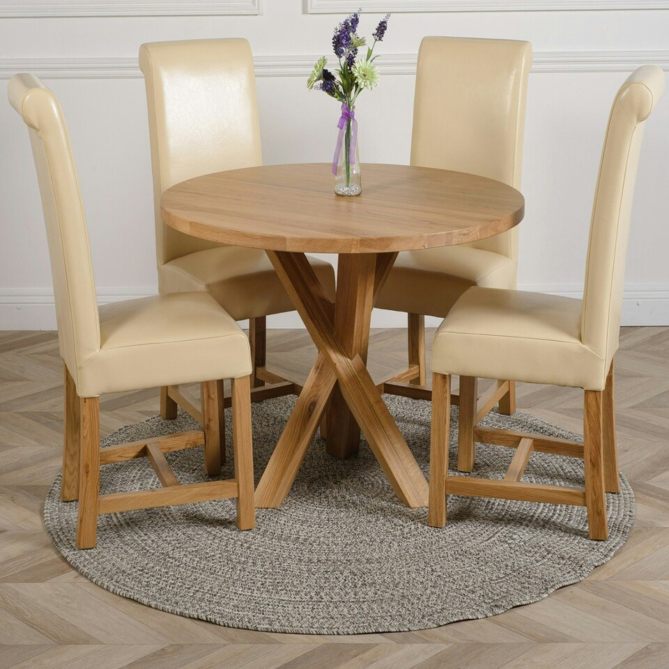 image 1 of Oregon Round Oak Dining Table with Washington Leather Chairs Cream