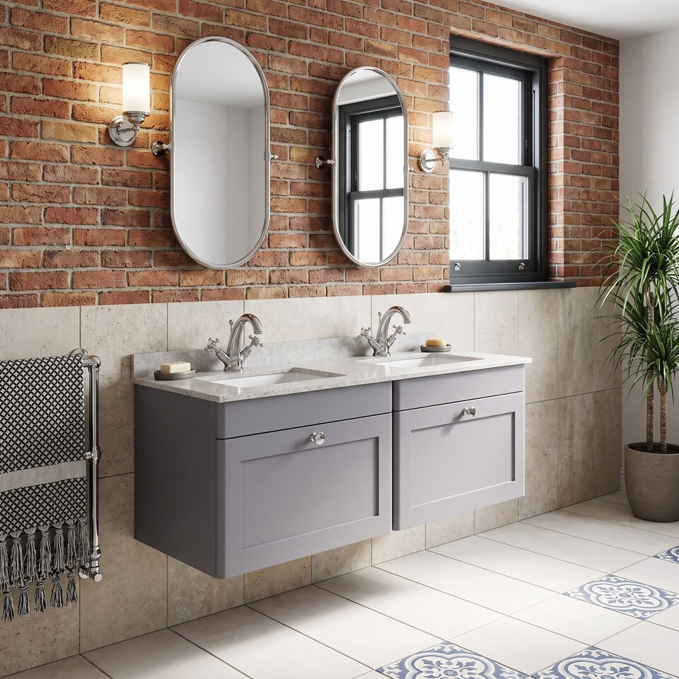image 1 of Balterley Swynnerton Traditional 2 Drawer Wall Hung Vanity Unit with Double Marble Basin, Satin Grey, 1200mm