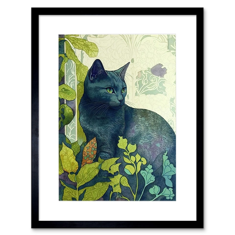 image 1 of Russian Blue Cat Bright Ornate Plants Modern Art Nouveau 9x7" Black Framed Wall Art Print