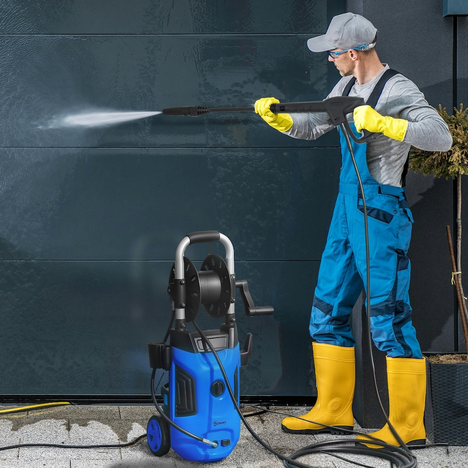 image 1 of Outsunny 1800W Power Washer 150 Bar Pressure 6M Hose and Hose Reel, Blue