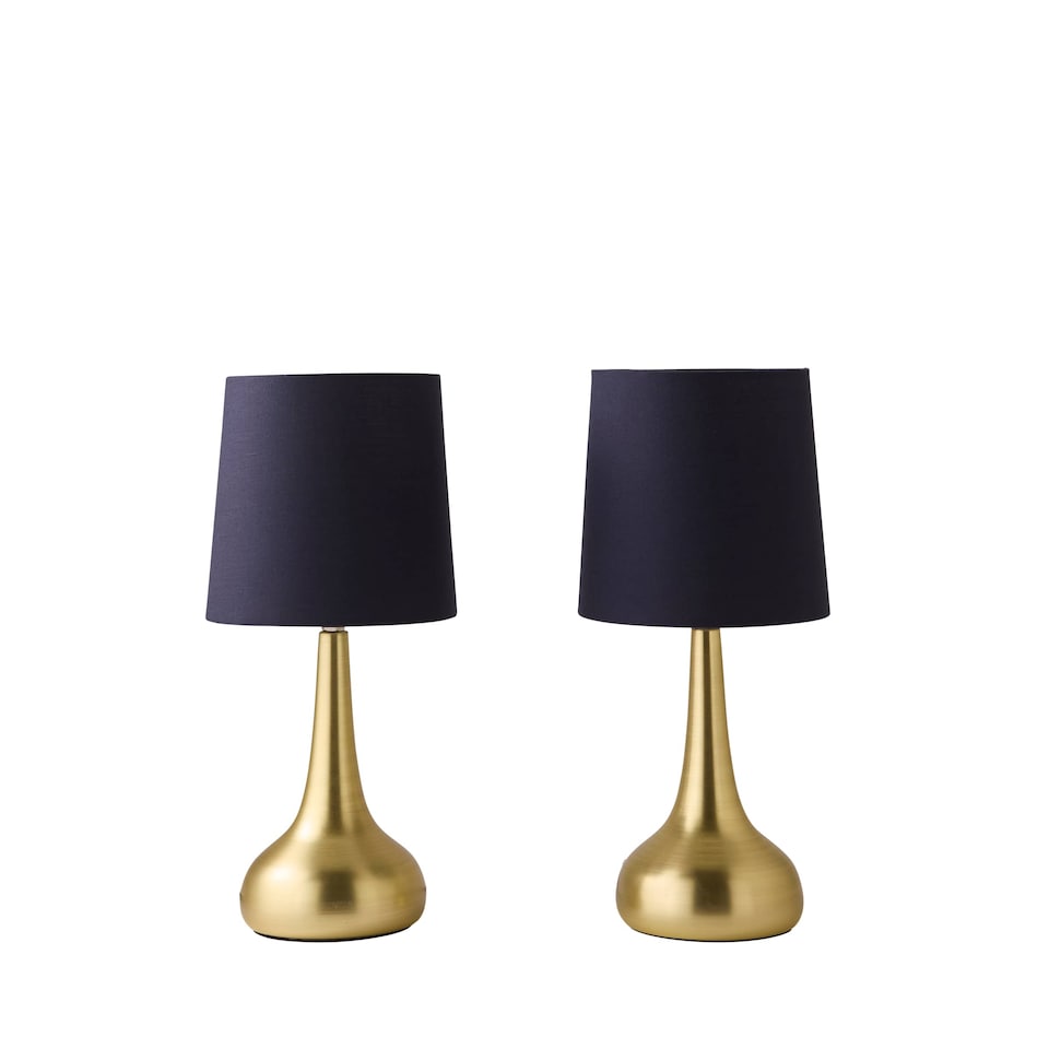 image 1 of ValueLights Teardrop Pair Gold Touch Table Lamps Navy Shade | Blue