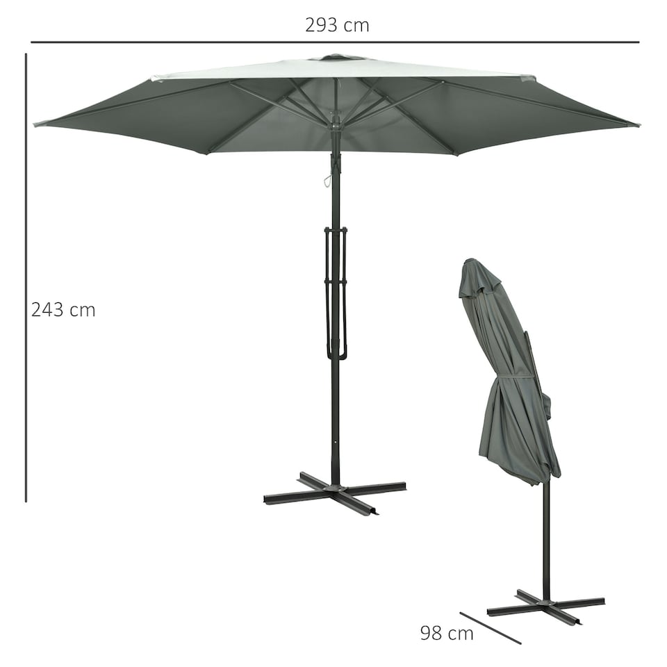 image 1 of Outsunny 3m Cantilever Parasol with Easy Lever Crank Handle 6 Metal Ribs Grey