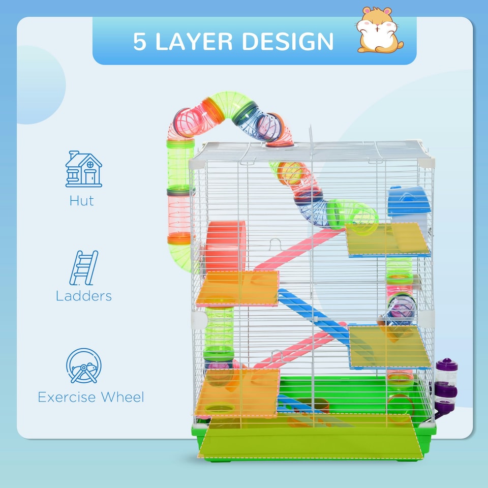 image 1 of Pawhut 5 Tier Hamster Cage Carrier Habitat w/ Exercise Wheels, Green
