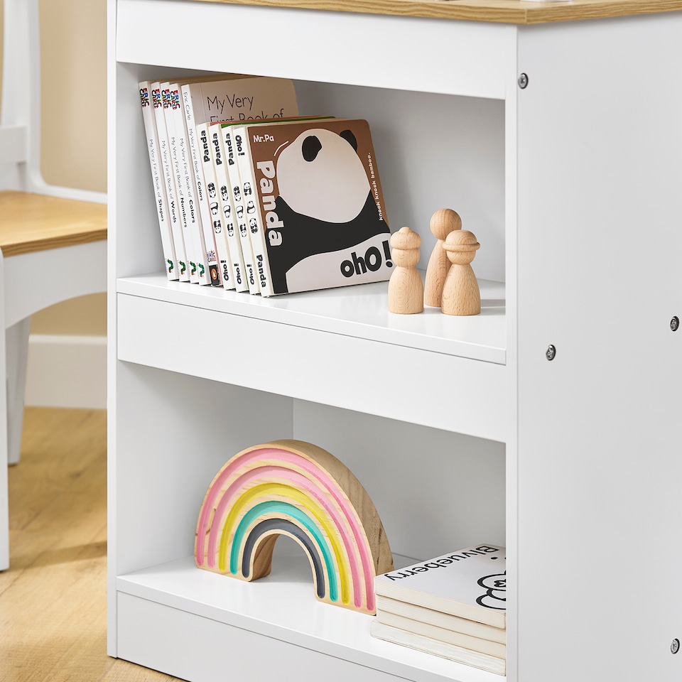image 1 of SoBuy Kids Desk and Chair Set with 2 Storage Shelves and Paper Roll Holder, White/Natural, 31.4x19.6x25.1 in, 15.3 kg - KMB60-WN