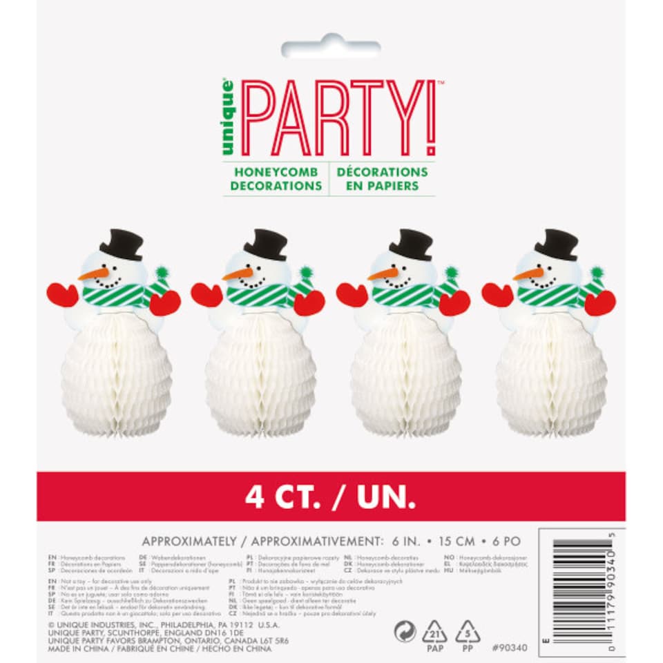 image 1 of Pack of 4 Snowman Honeycomb Christmas Decorations