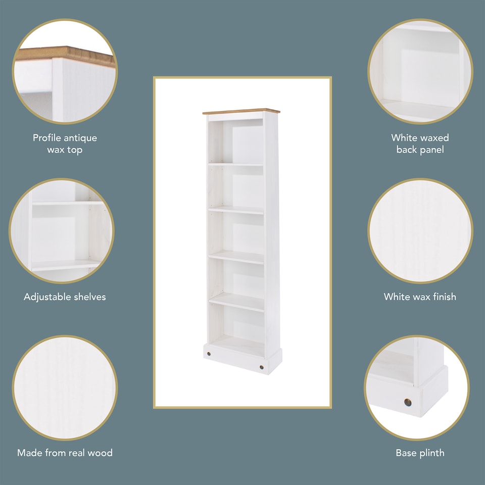 image 1 of Corona 5-Shelf Tall Narrow Bookcase - Premium Wax Top with Solid Pine Construction and Practical Shelving | White | White Wax | One Size | 1