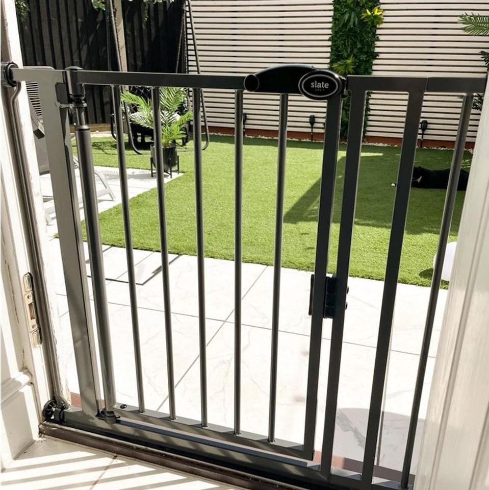 image 1 of Bettacare Auto Close Pet Gate, 68.5cm - 75cm, Slate Grey, Narrow, Narrow Pressure Fit Stair Gate for Dog & Puppy, Safety Barrier for Narrow Doors Hallways and Spaces, Easy Installation