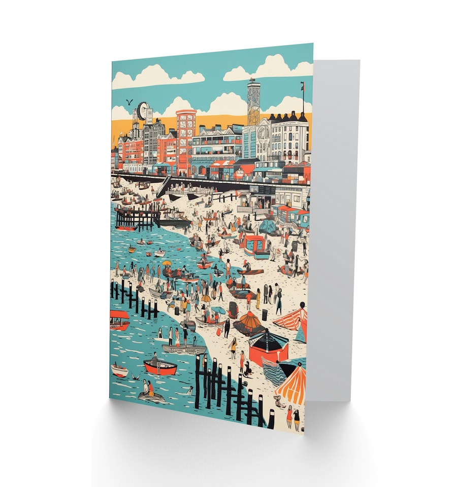 image 1 of Brighton Beach Warm Summer Day Colourful Travel Art Card