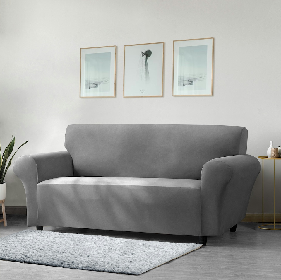 image 1 of Home Republic Mink Velvet Luxury Stretch Sofa Slip Cover - Two Seater | Grey | Charcoal | 1