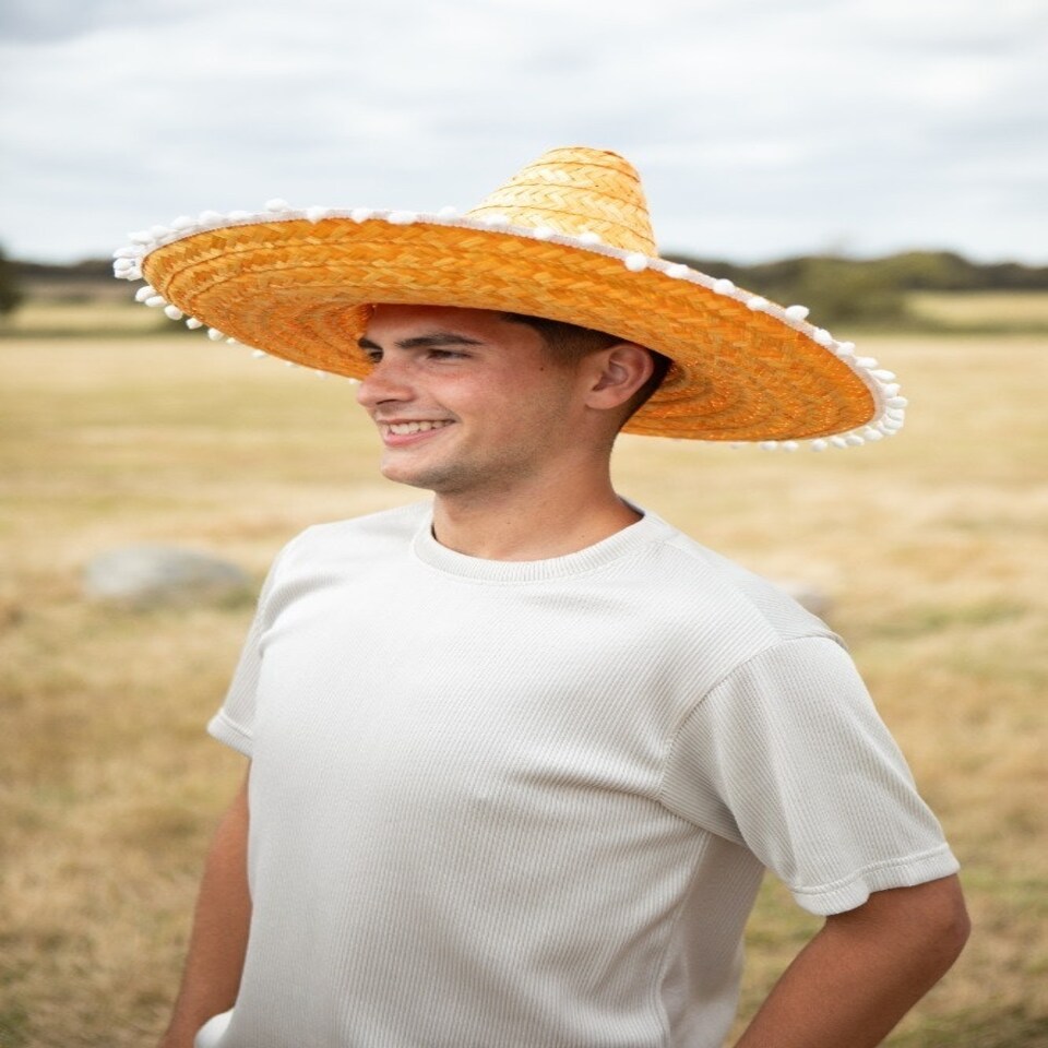 image 1 of Orange Mexican Sombrero – Fancy Dress Hat with Pom-Pom Trim Yellow | One Size
