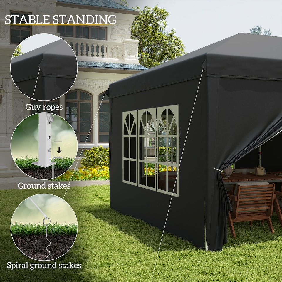 image 1 of Outsunny 3 x 6 m Garden Pop Up Gazebo, Wedding Party Tent Marquee, Water Resistant Awning Canopy with Sidewalls, Windows, Carry Bag, Black