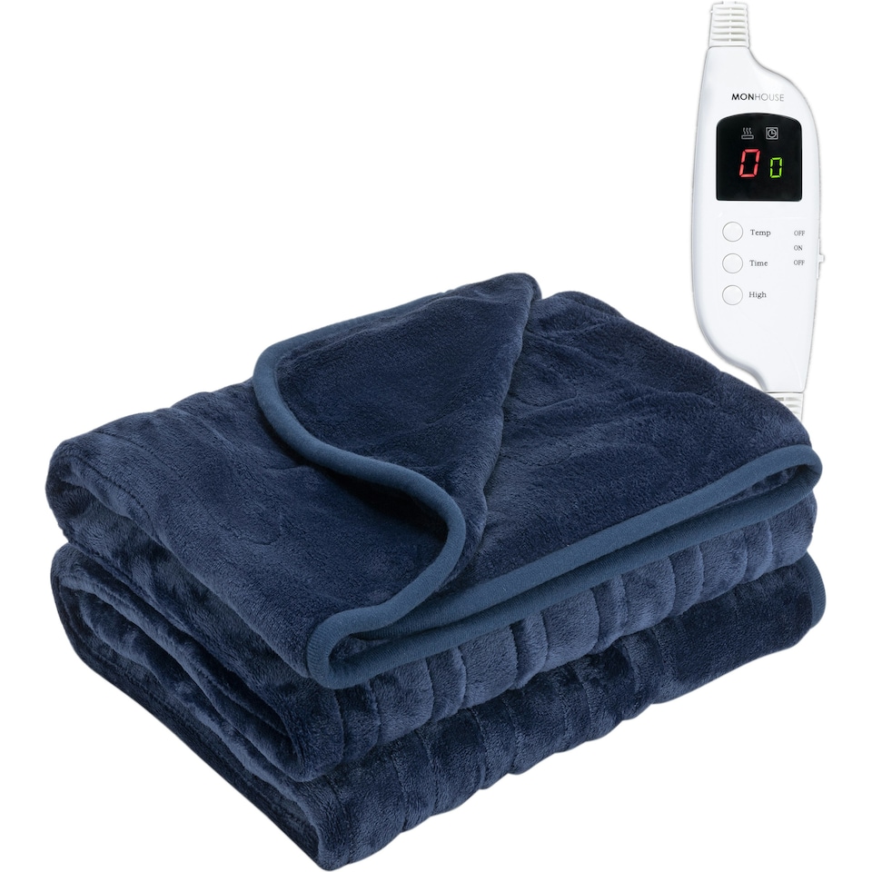 image 1 of MONHOUSE Heated Throw - Electric Blanket - Digital Controller - Timer up to 9 hours, 9 Heat Settings, Auto Shutoff - Machine Washable - Single 130X160cm - NAVY