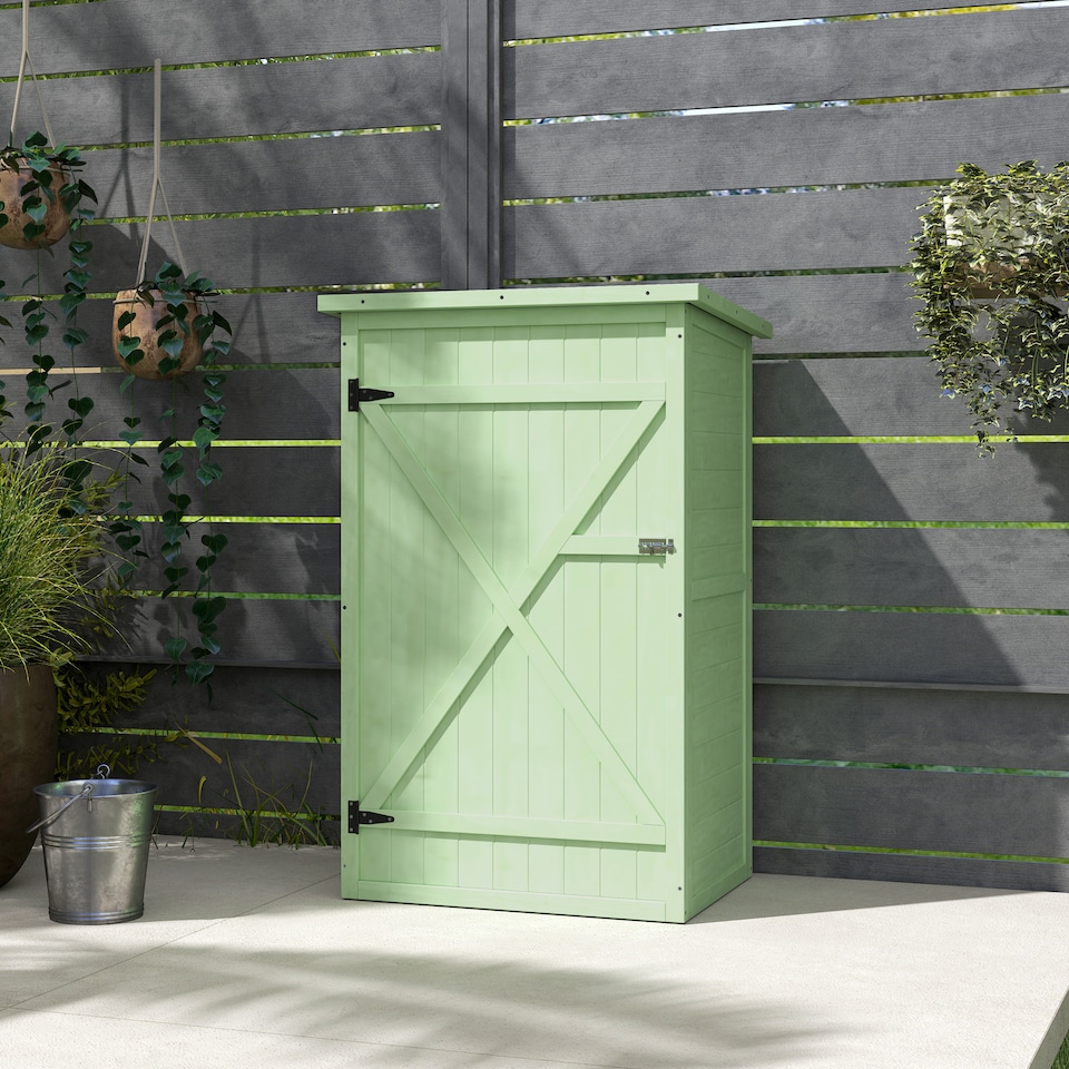 image 1 of Outsunny Wooden Garden Shed, Outdoor Storage Small Shed with 2 Shelves, Sloped Roof and Bolt Latch, Compact Utility Tool Cabinet Organiser for Yard Patio Garage, 75 x 56 x 115 cm, Green | Green | 1