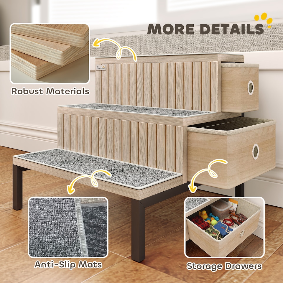 image 1 of PawHut Dog Stairs with Storage, Pet Steps for Older Cats and Small Dogs with Non-Slip Cover, Puppy Pet Steps for Sofa, High Bed, Oak Tone