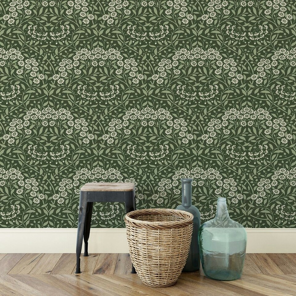 image 1 of World of Wallpaper Botanical Damask Wallpaper - Green/White - 10.05m x 0.53m Green