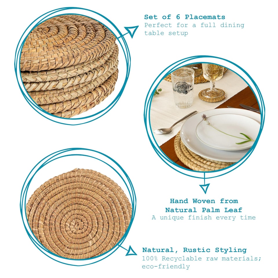 image 1 of Argon Tableware 30cm Round Placemats - Set of 6 - Woven Palm Leaf Serving Dish Trays Cake Boards Table Protector Mats | Brown | Brown | One Size | 6