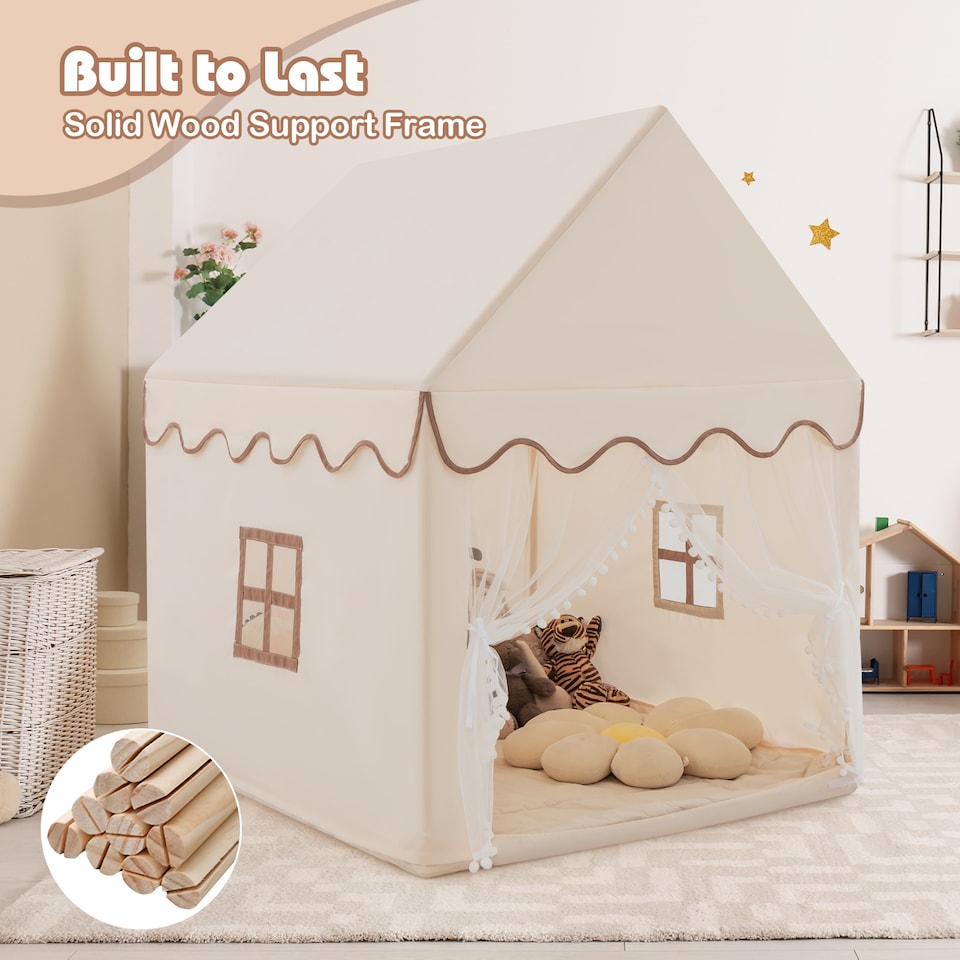 image 1 of COSTWAY Kids Play Tent Indoor Playhouse with Padded Mat-Beige