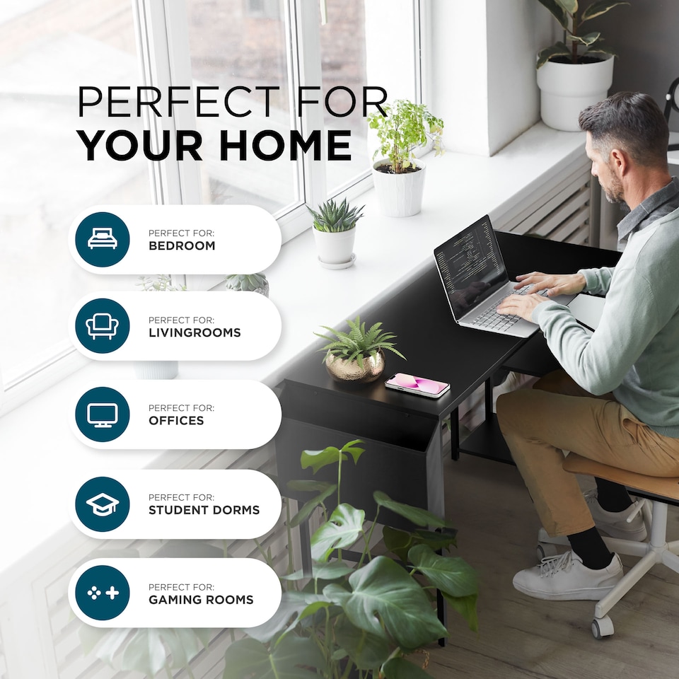 image 1 of DMD Reversible L-Shaped Computer Desk with Storage Shelves | Black