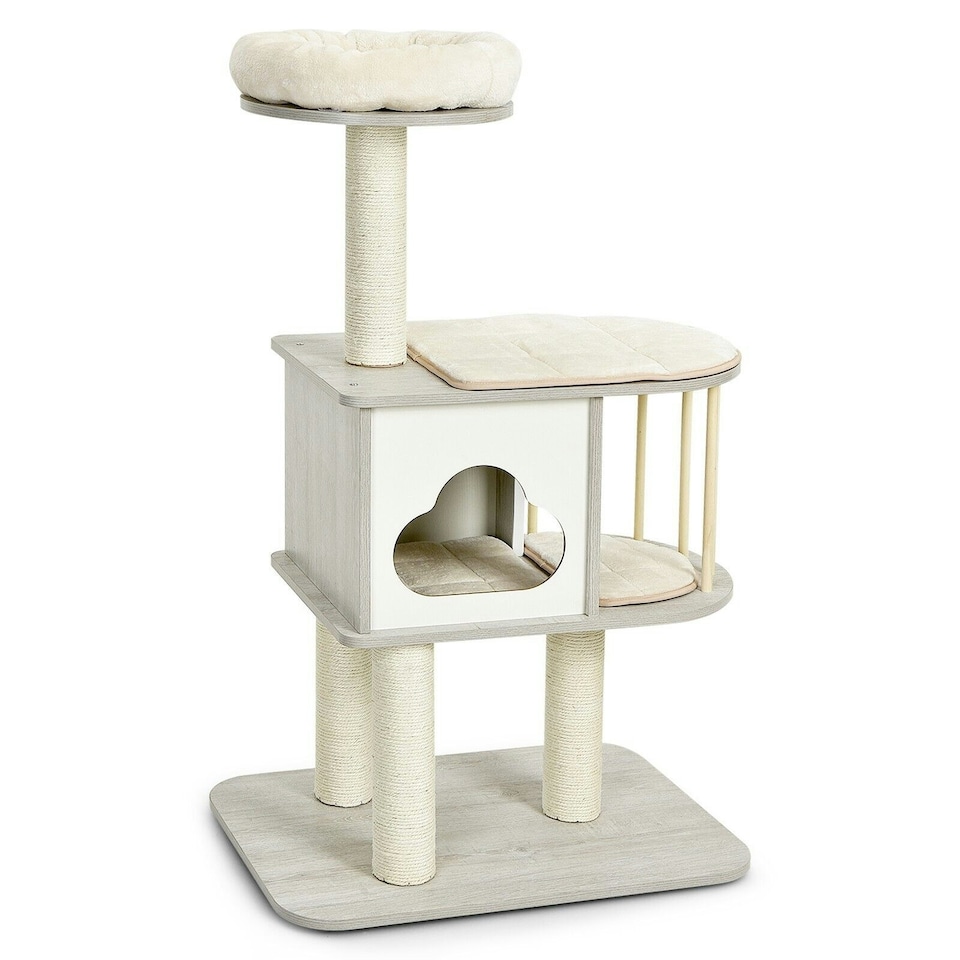 image 1 of COSTWAY Wooden Cat Tower 4-Tier Cat Tree Play Center