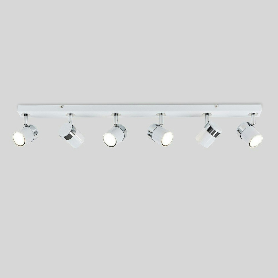 image 1 of ValueLights 6 Way Straight Bar Ceiling Spotlight Fitting Gloss White Chrome Finish & Bulbs | White