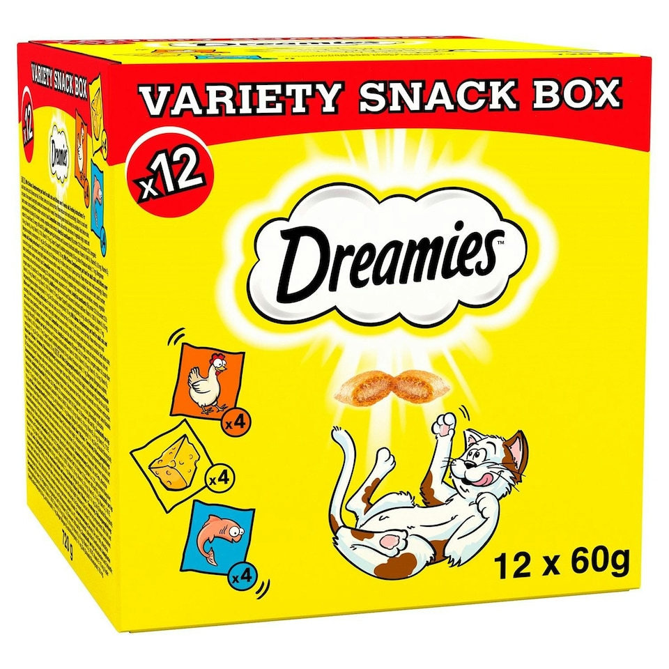 image 1 of 12 x 60g Dreamies Cat Treats Mixed Variety Snack Box Chicken Cheese & Salmon