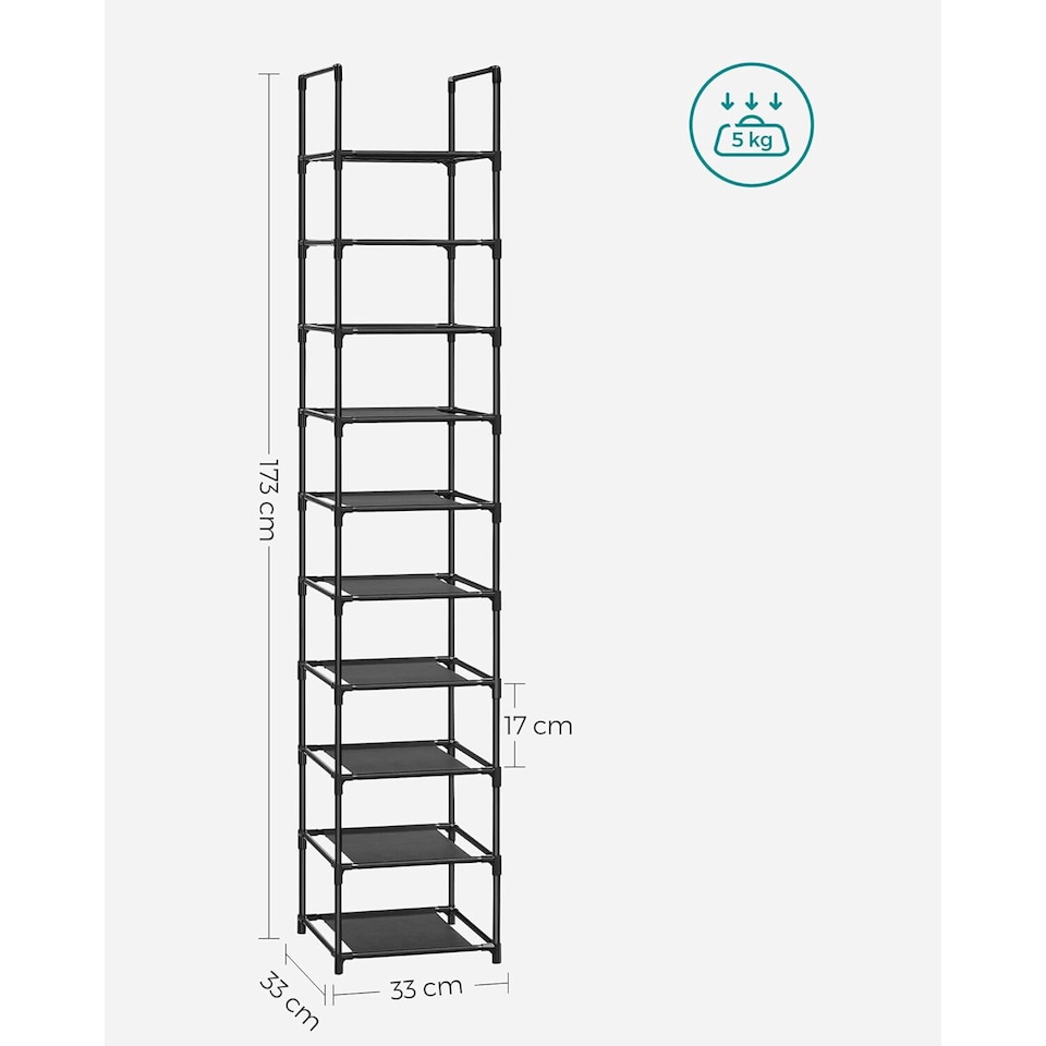 image 1 of 10-Tier Shoe Tower, Compact Storage Rack with Fabric Shelves and Metal Frame, Black