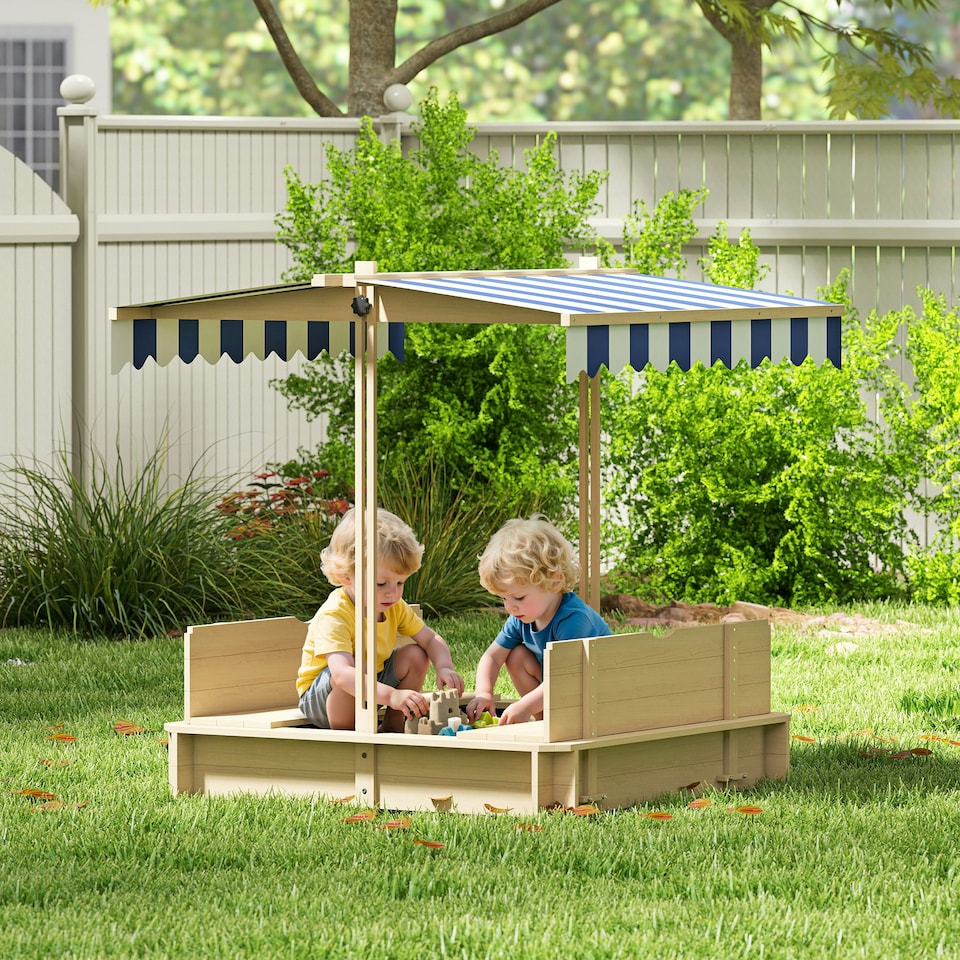 image 1 of Outsunny Kids Square Wooden Sandpit, Children Sandbox Outdoor Playset | Yellow | Natural, Blue