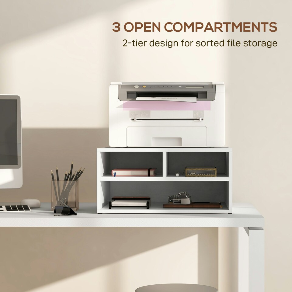 image 1 of HOMCOM Desktop Printer Stand with 3 Open Compartments, Desk Organiser, White